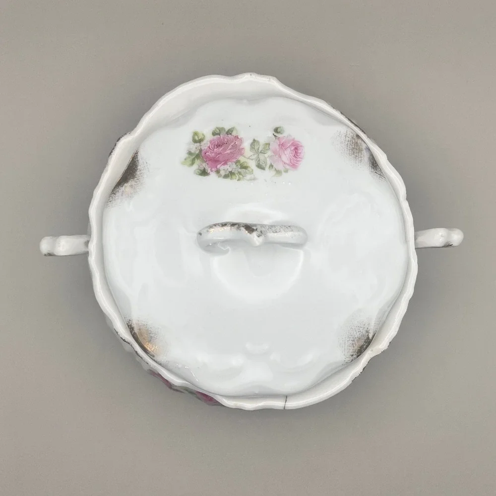 Antique Pink Rose Porcelain Lidded Tureen Bowl Victorian Floral Gold‎ 5.5